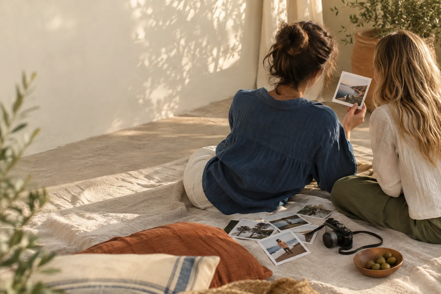 Friends looking through printed photographs beside a compact camera