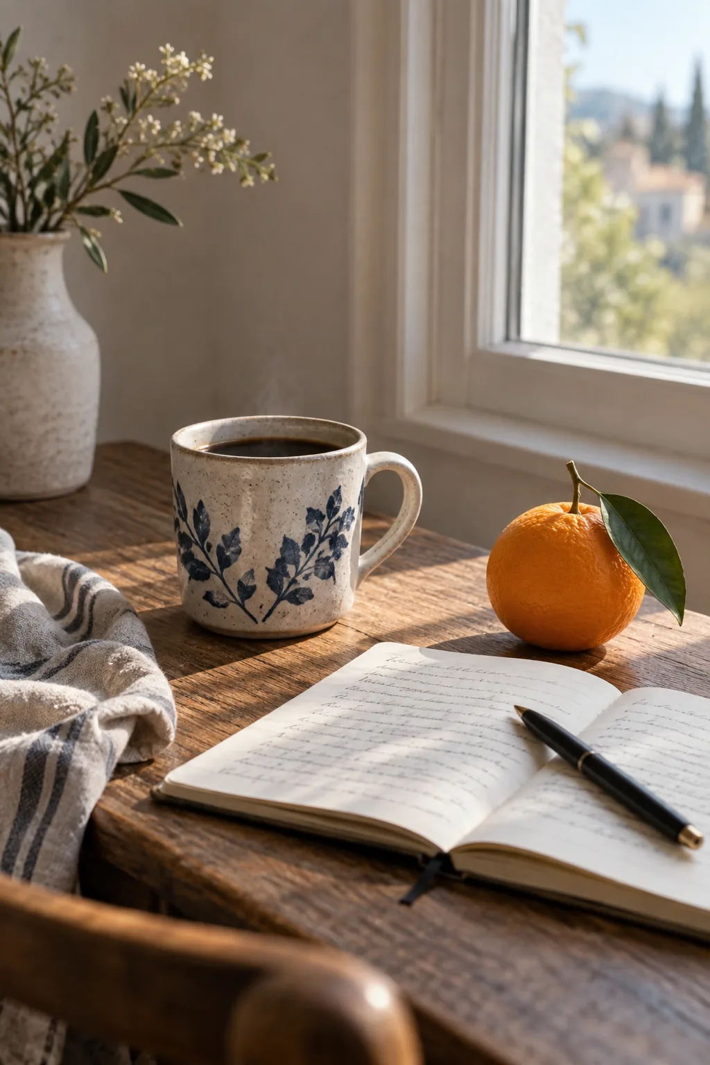 A coffee, orange, and notebook arranged as an everyday print composition
