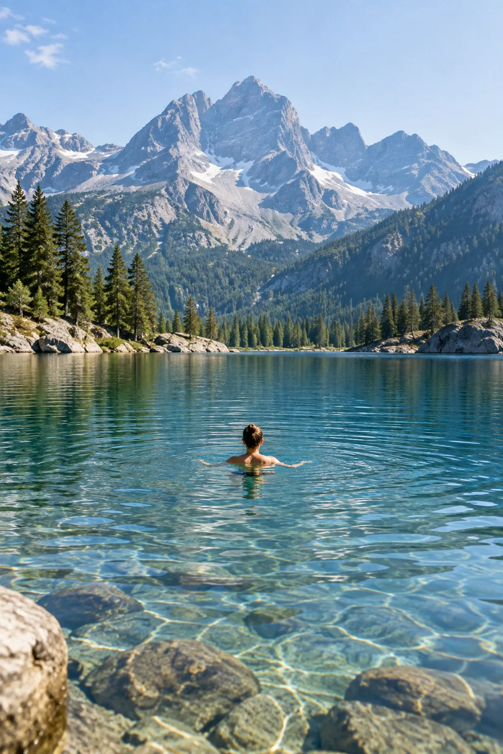 A swimmer in a clear mountain lake